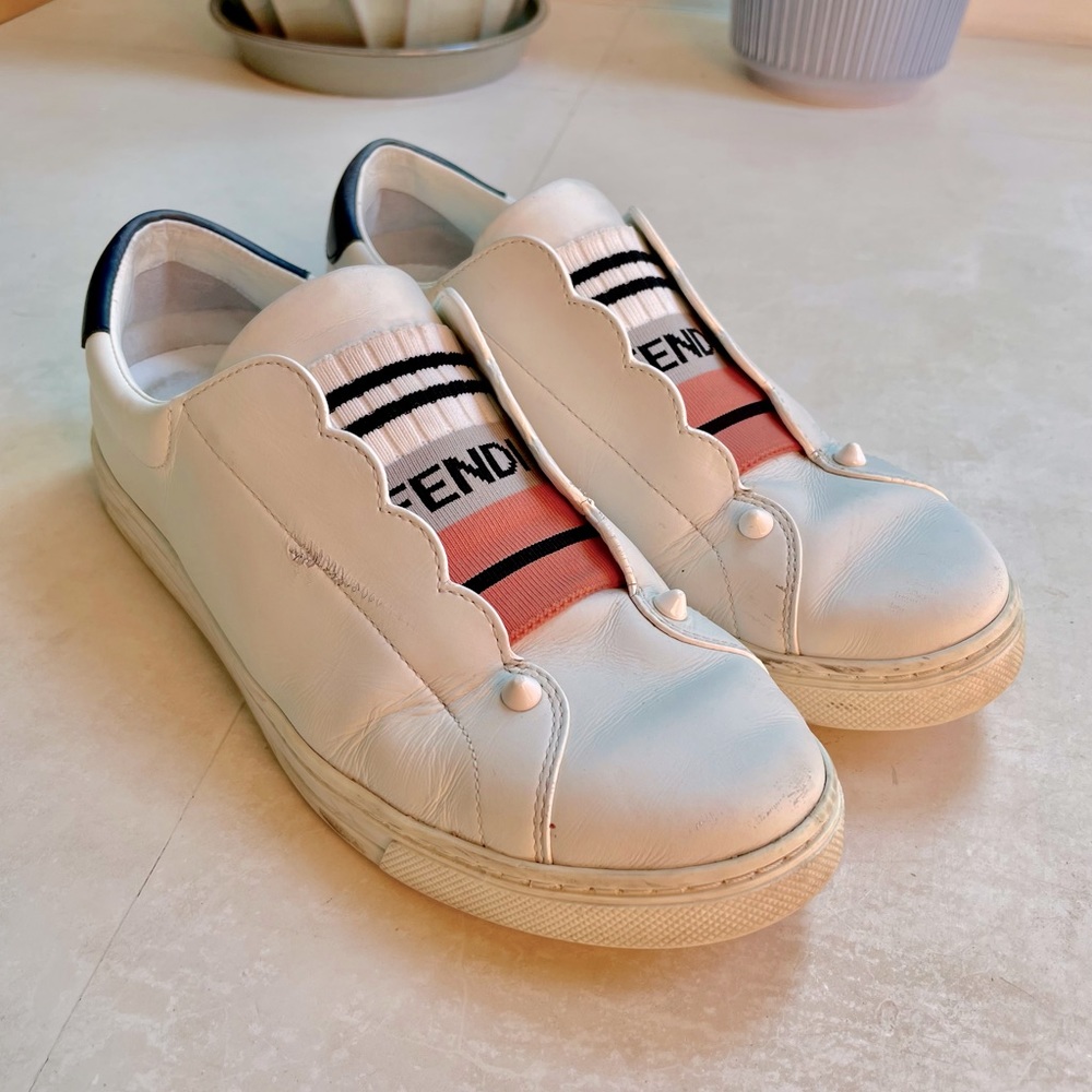 Fendi knit logo slip on leather women’s white sneakers